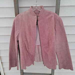 Vintage Y2k Lucien Piccard 100% Suede Leather Pink Scalloped Zip Up Coat Jacket